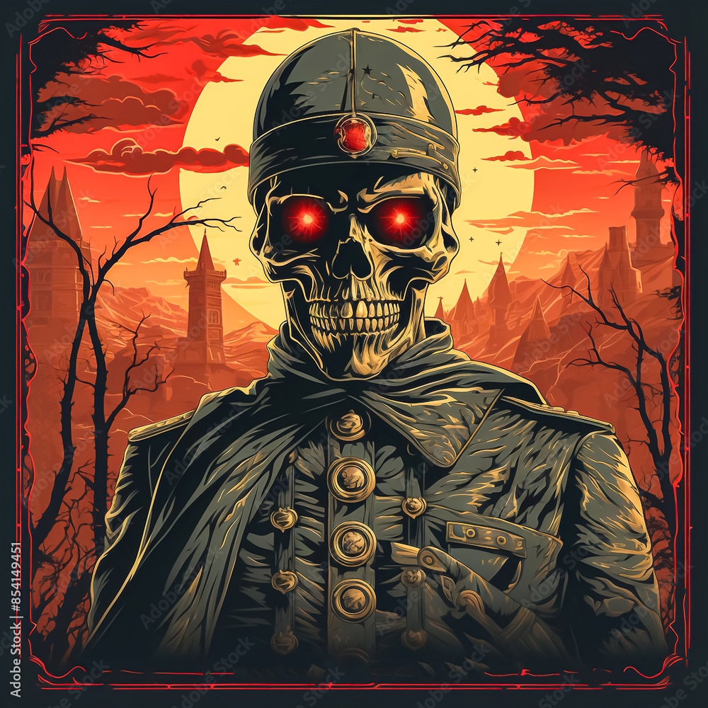 Poster a skull is the main focus of the image, with a man in a suit and tie standing behind it. the scene i