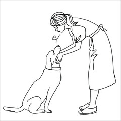A woman with her dog. Linear art black and white illustration.