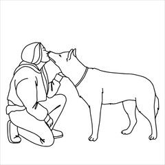 A woman with her dog. Linear art black and white illustration.