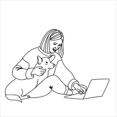 A woman with her dog. Linear art black and white illustration.