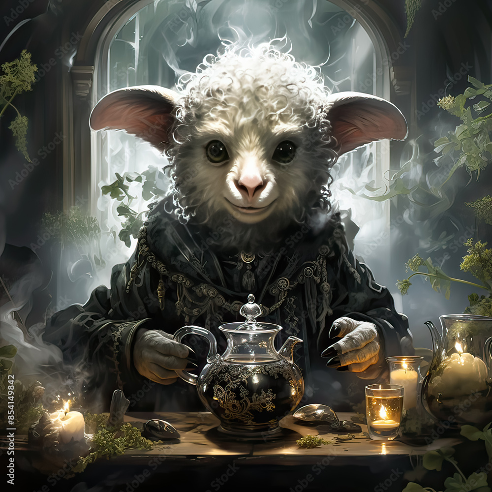 Poster a creature with horns and a goat's head is sitting in front of a cauldron. the creature is surrounde