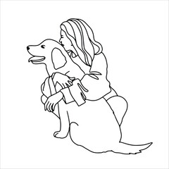 A woman with her dog. Linear art black and white illustration.