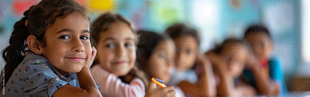 Poster children smiling and enjoying their time in the classroom, showing enthusiasm and engagement in thei