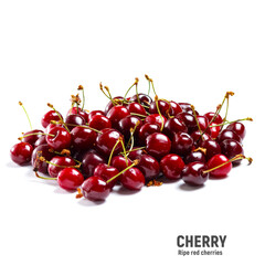 Pile sweet red cherries isolated on white background