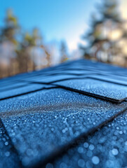 A close-up view of a roof with dew-covered shingles during a misty morning.