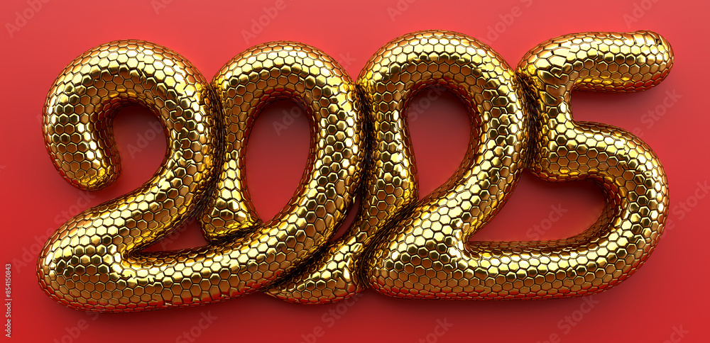 Poster golden happy new year 2025 text design on red background. 3d volumetric font. number 2025 in the sha