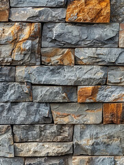 A close-up view of a rugged stone wall with gray and orange hues.