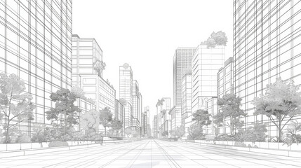 A city street with tall buildings and trees