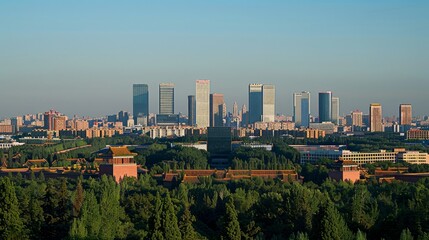 Eco friendly skyscrapers defining urban skyline with sleek, minimalist design blend