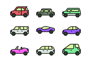 Dynamic collection of graphic illustrations featuring cars in various styles, perfect for automotive enthusiasts and design projects alike.