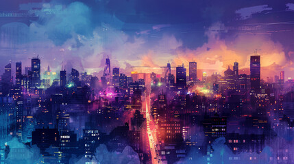Obraz premium A cityscape with a neon glow and a cloudy sky