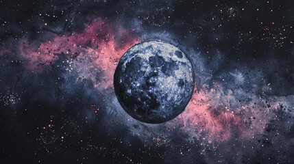 A painting of a blue and pink moon in the sky