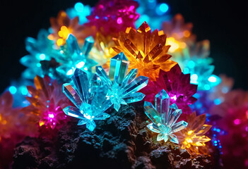 Cluster of colorful fantasy glowing crystals on black background