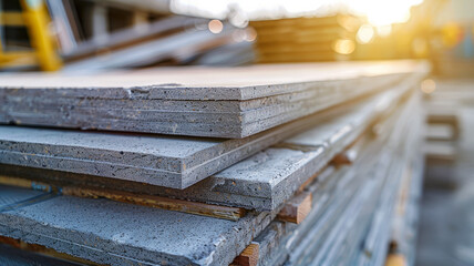 Obraz premium Stacks of concrete slabs at a construction site in sunlight.