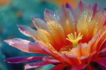 Fototapeta premium Dew Drops on a Pink and Orange Cactus Flower.