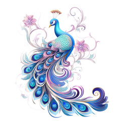 Fototapeta premium A blue and pink peacock with flowers in the background