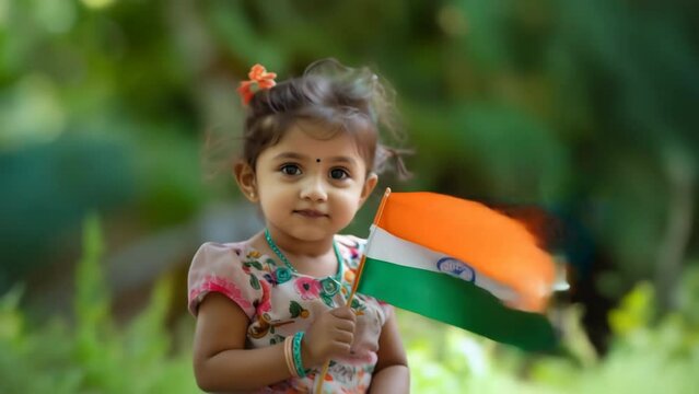 Little Indian Girl Holding National Flag

