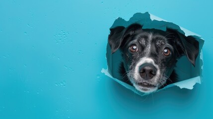 Amusing dog peeking through paper hole against blue backdrop