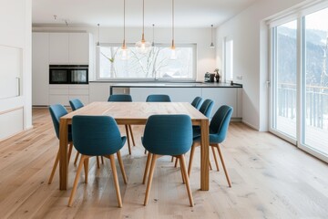 Cozy Scandinavian Dining Room with Wooden Table and Blue Chairs Generative AI