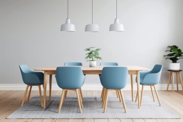 Cozy Scandinavian Dining Room with Wooden Table and Blue Chairs Generative AI