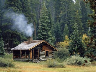 Cabin in the Woods with Smoke Rising.