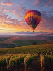 Fototapeta premium Hot Air Balloon Over Vineyard at Sunset.