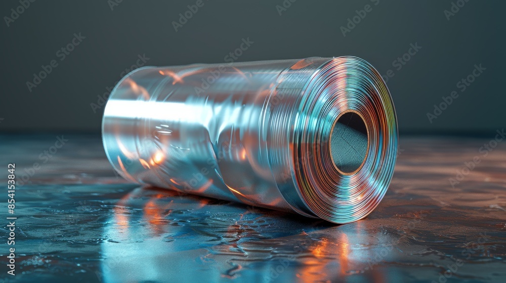 Poster a highly detailed image showing a cylindrical metal object with colorful reflective patterns on its 