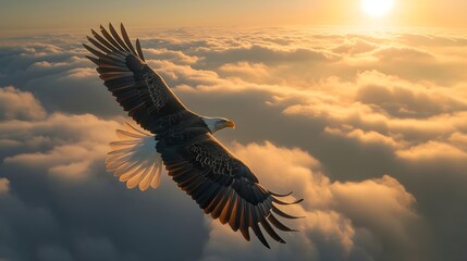Cinematic Photography of Eagle Flying Above Clouds with Sun View
