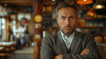 Fototapeta premium Stern-looking man in business attire posing in the warm ambiance of a café