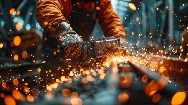 Worker uses an angle grinder on metal, causing a dramatic display of sparks and light