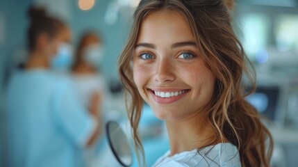 Fototapeta premium A radiant young dentist with freckles smiles warmly, holding a dental mirror in a clinic