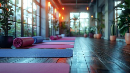 Multiple yoga mats lined up in a well-lit modern studio with large windows and indoor plants, waiting for practitioners