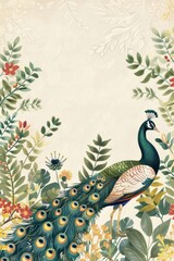 Exotic Garden Frame with Peacock and Plant Decor Generative AI