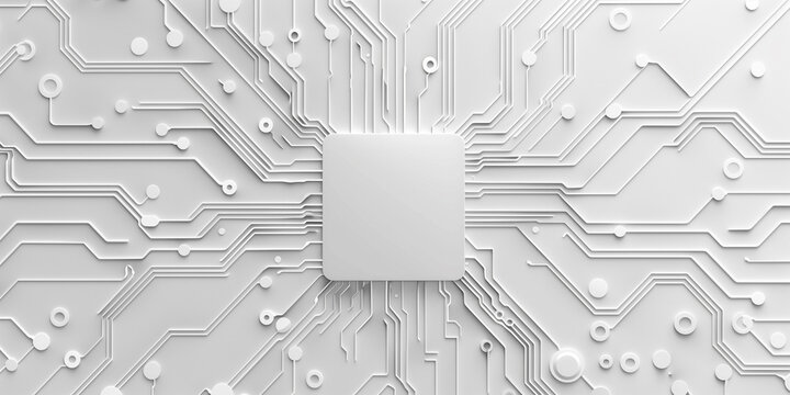 A digital rendering of a circuit board with a network of white lines and dots on a white background