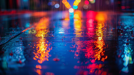 A blurry photo of a city street at night. Rain creates a reflective puddle on the street