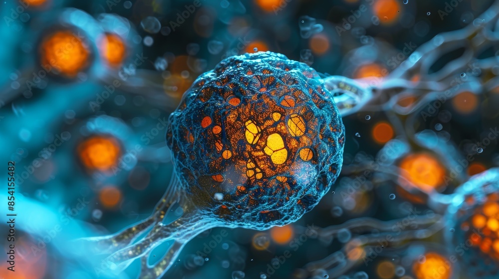 Poster a digital illustration depicts a neuron-like structure with intricate connections and glowing nodes