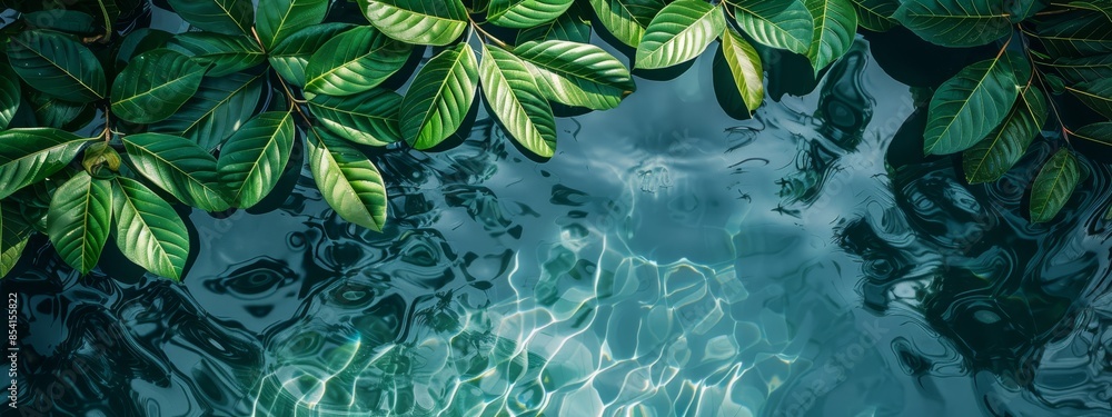 Wall mural pool of water with green leaves at edge; reflection of sky within - Wall murals
