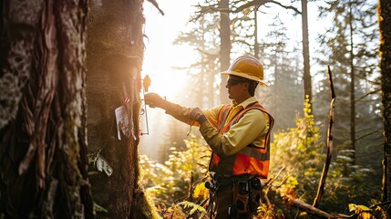 Forestry worker measuring and marking trees