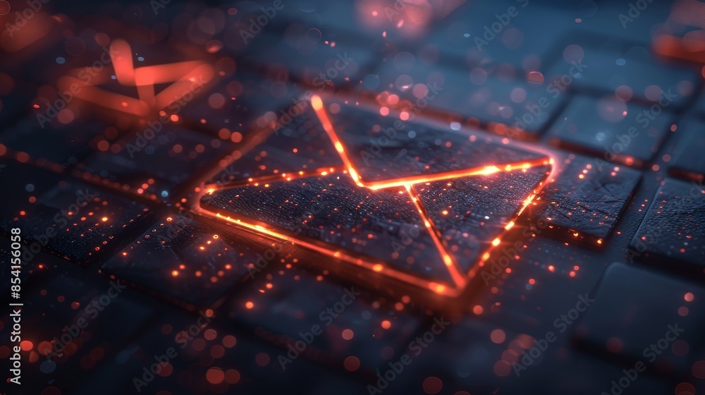 Poster blue neon envelope icon on a digital circuitry background symbolizes communication and technology co
