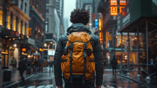 A lone traveler is seen from behind, staring down a misty urban street scene, evoking a sense of adventure