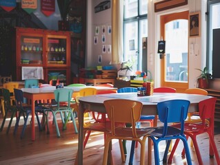 A lively classroom featuring colorful chairs and round tables, filled with various educational materials and activities, creating an engaging learning environment.