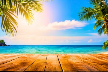 Wooden table and sea panoramic with palm leaves, bokeh light, calm sea and sky at tropical beach background. For product display and summer vacation concepts
