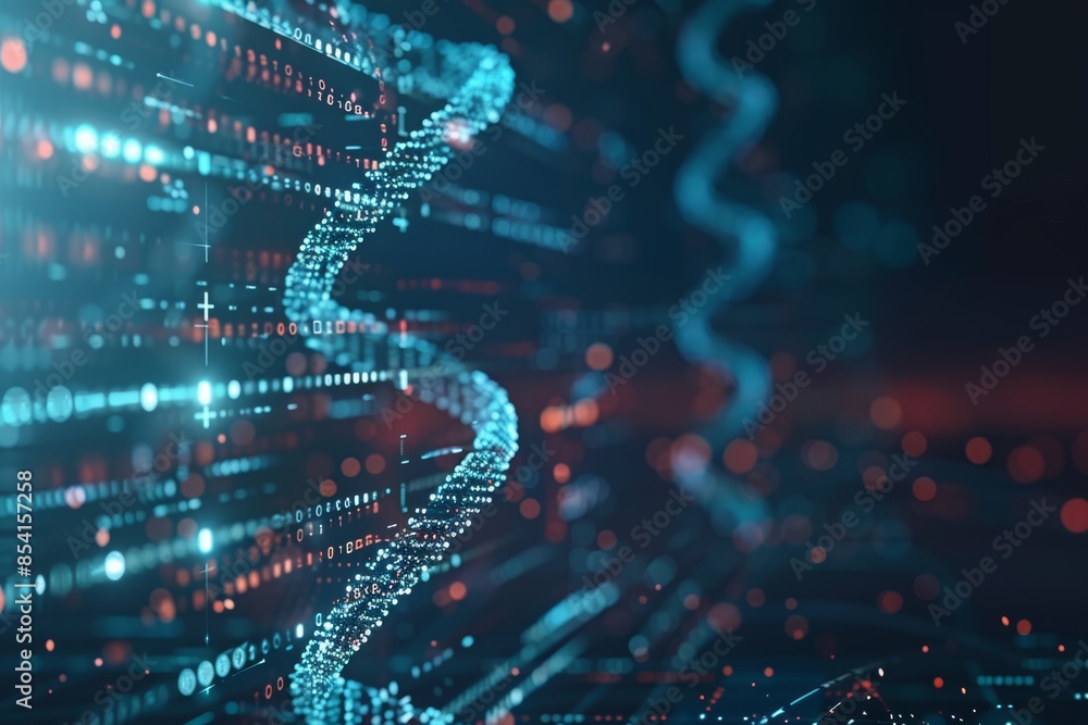 Poster futuristic dna molecule on digital background for science and technology concepts generative ai