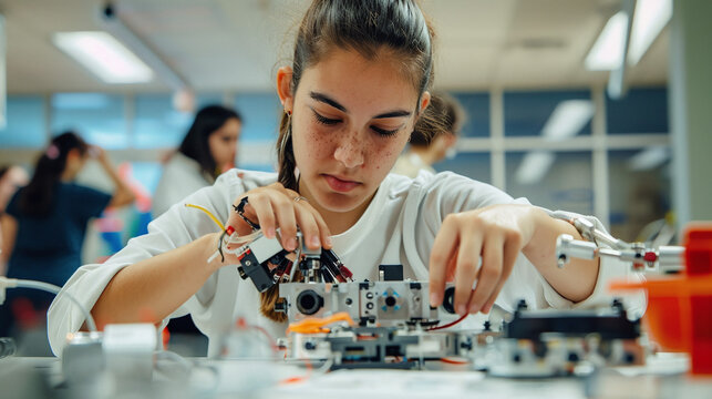 Close-up of female student building a robot in stem class, concentration, engineer woman