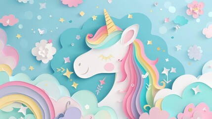 Highquality illustration in paper art style featuring a unicorn with a rainbow at the center, designed for a Paid Month Day poster, with blank space for text