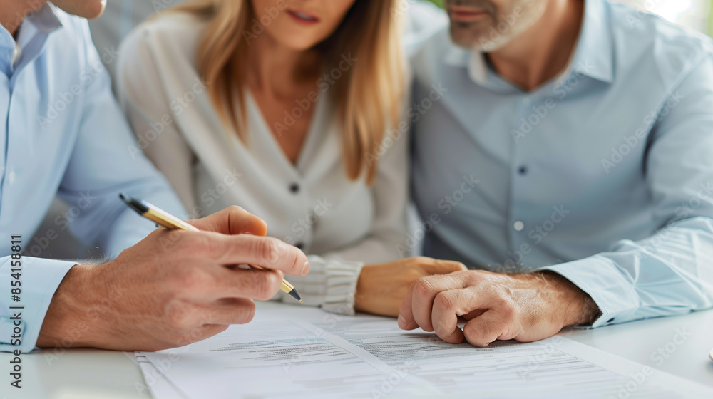 Poster a close-up image of the planner highlighting key points in a document while the couple listens, disc