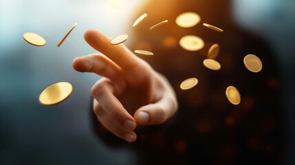 Gold coins flying around the woman's hand