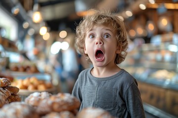 Shocked young boy with curly hair with a backdrop of fresh loaves of bread in a bakery