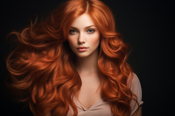 Fototapeta premium Young woman with long flowing red curly hair isolated black background close up
