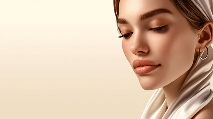 Naklejka premium Womans close-up portrait with satin scarf